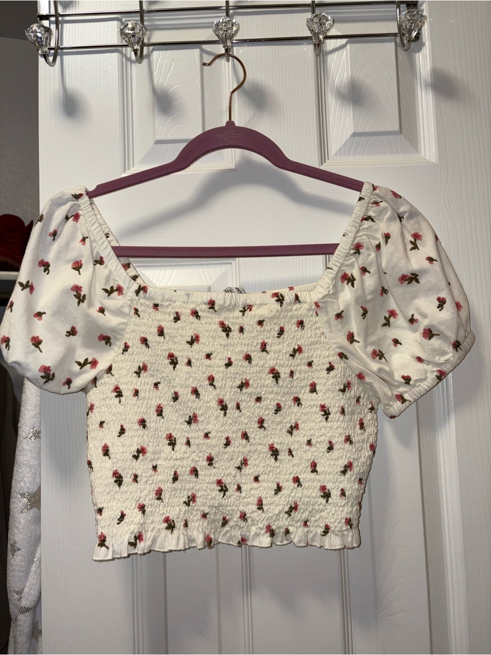 American Eagle Outfitters Cream Smocked Crop Top with Pink Floral Print